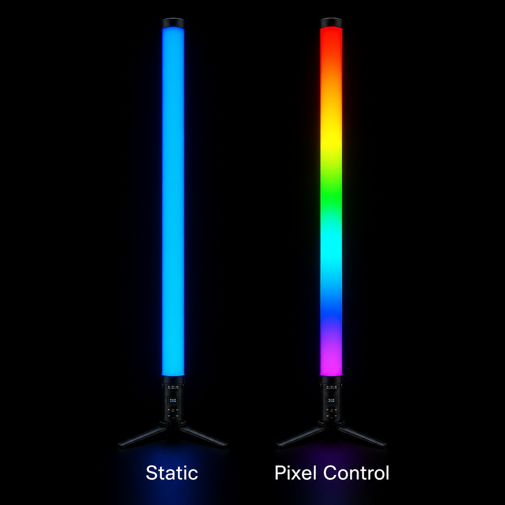 Static solid blue tube vs pixel-controlled rainbow gradient tube