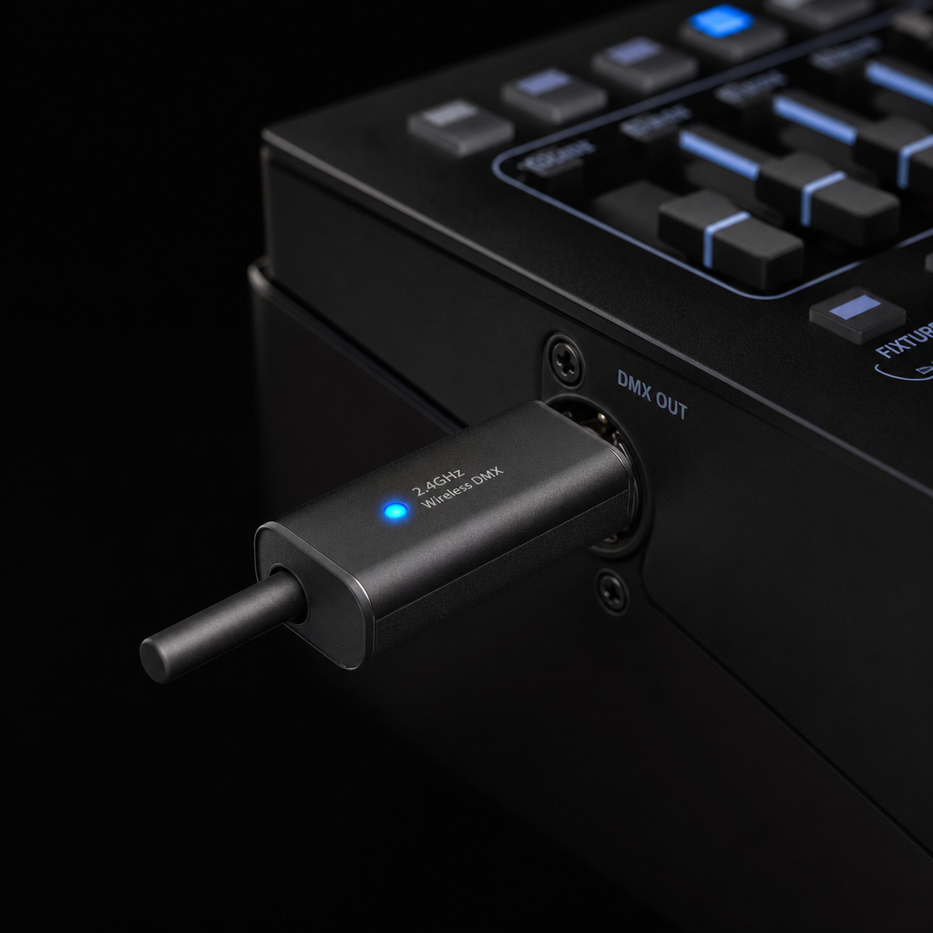 2.4GHz wireless DMX transmitter dongle plugged into a DMX controller